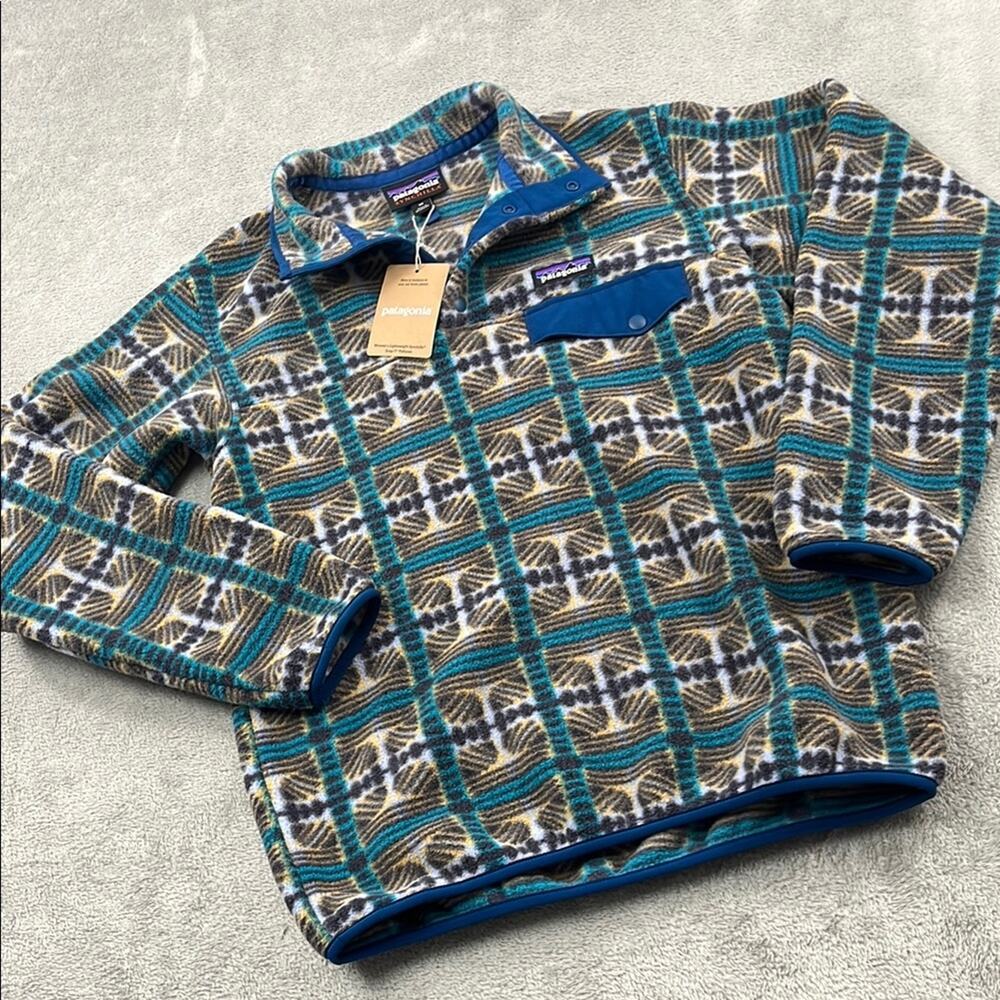 NEW XS Patagonia Synchilla Snow Beam Teal and Gold‎ Geometric Fleece Sweatshirt